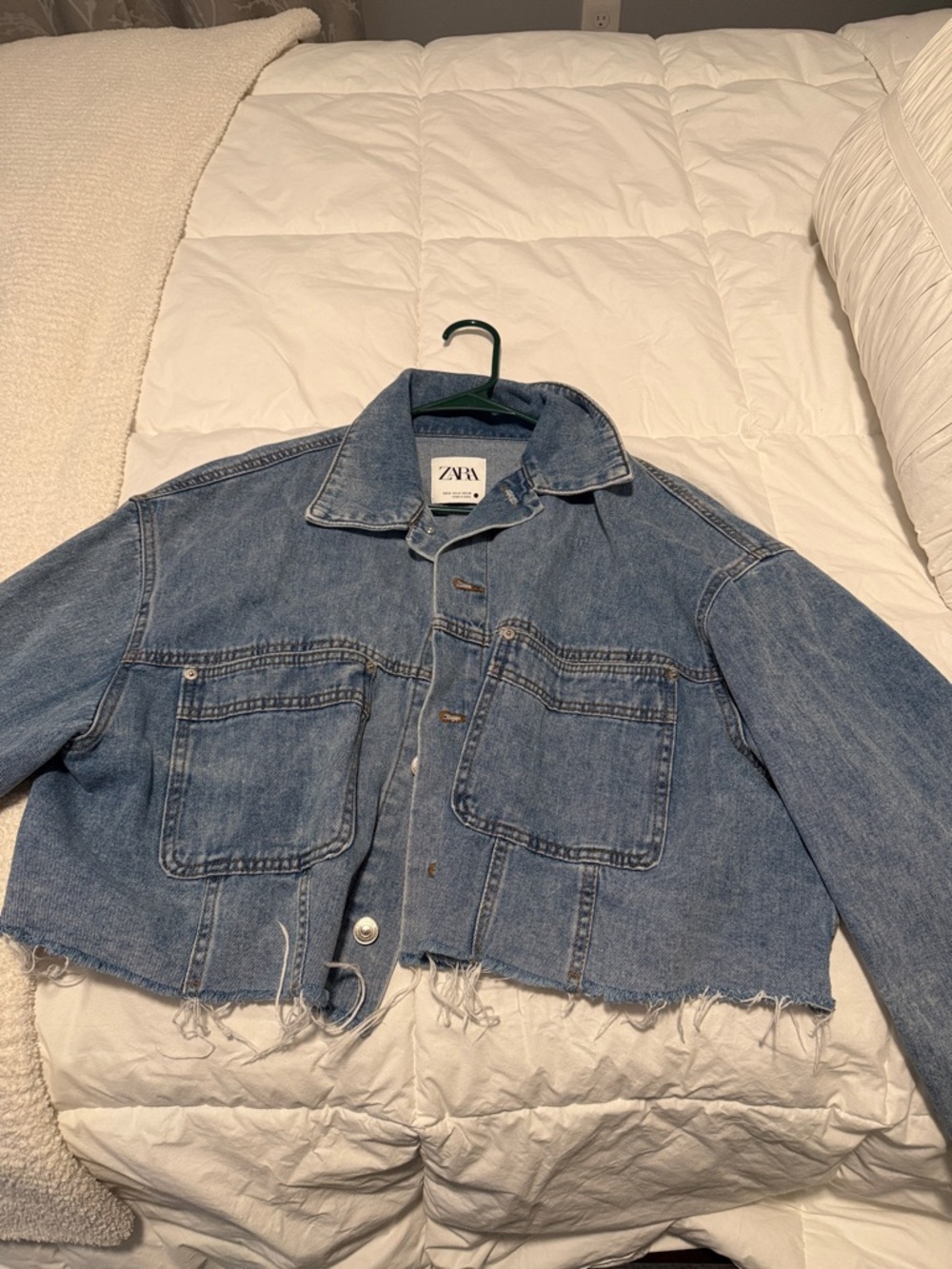 Zara Light Blue Cropped Frayed Denim Jacket - Picture 2 of 12